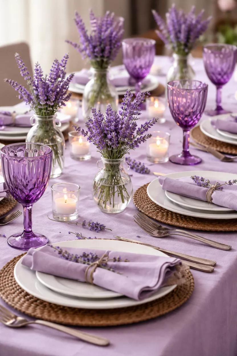 Lavender Fields Tablescape A realistic photo of a dining table with lavender purple linens, small glass vases of fresh lavender sprigs, and transparent amethyst purple wine glasses.