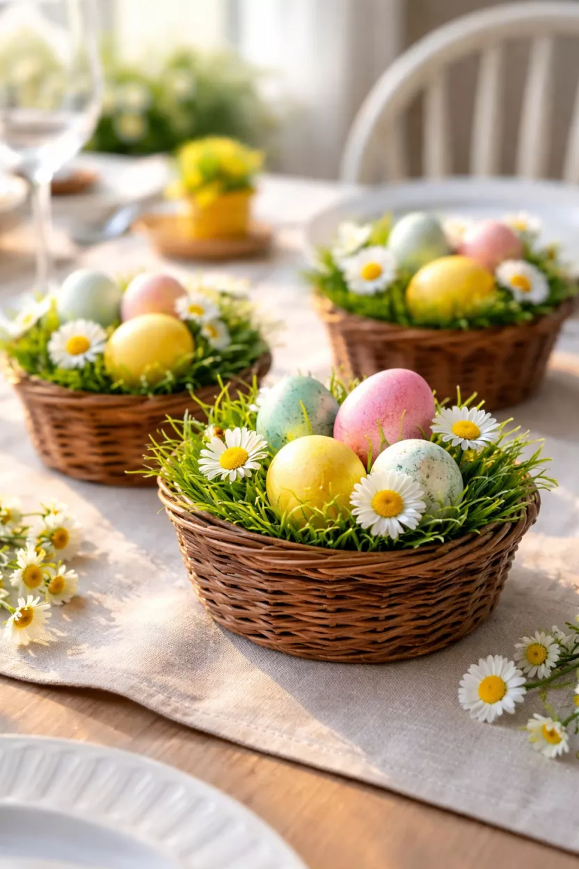 Woven Basket Centerpieces A realistic photo of a dining table featuring small brown woven baskets filled with green faux grass, colorful eggs, and small yellow daisies.