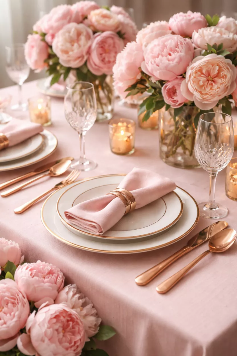 Pink and Gold Easter Table A realistic photo of a dining table with a blush pink tablecloth, gold rimmed white china plates, and rose gold flatware next to pink peony flowers.