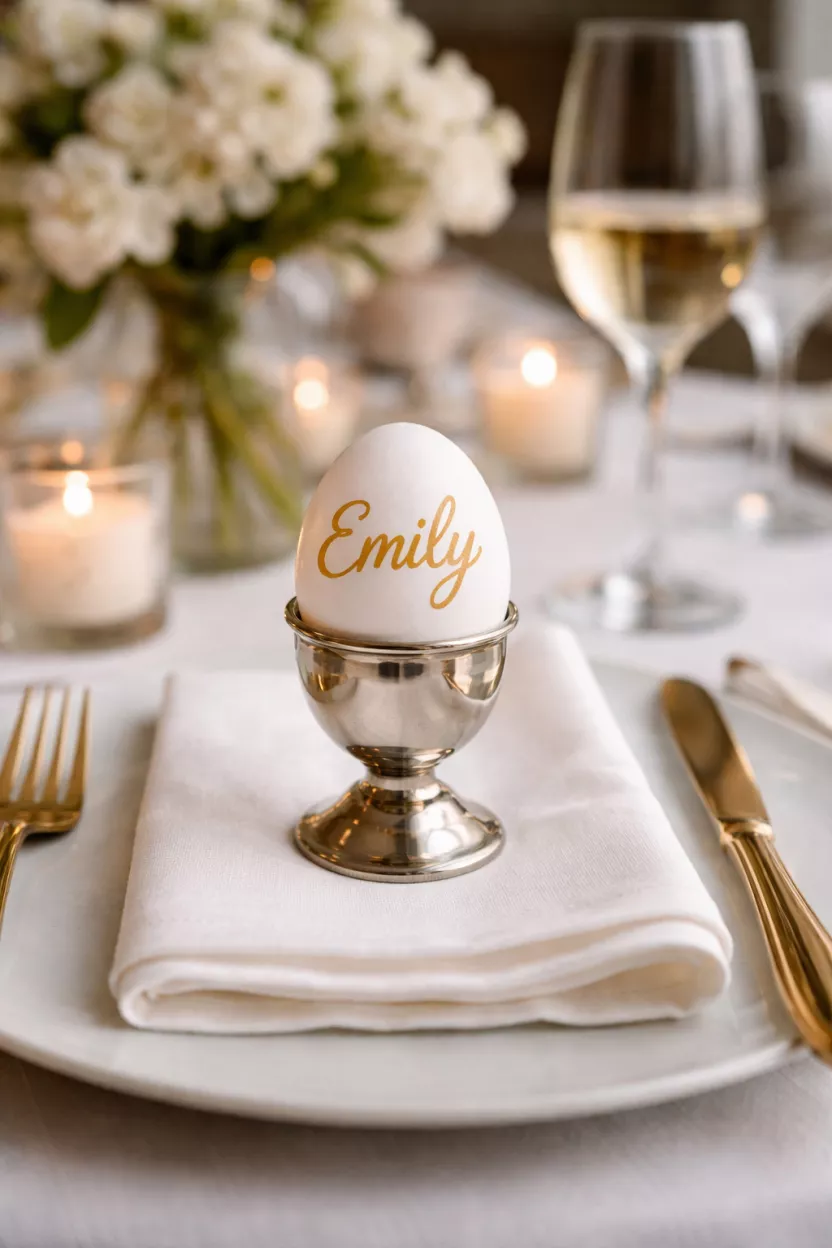 Personalized Egg Place Cards A realistic photo of a dining table with a white egg in a silver egg cup, with a person's name written in gold ink on the shell.