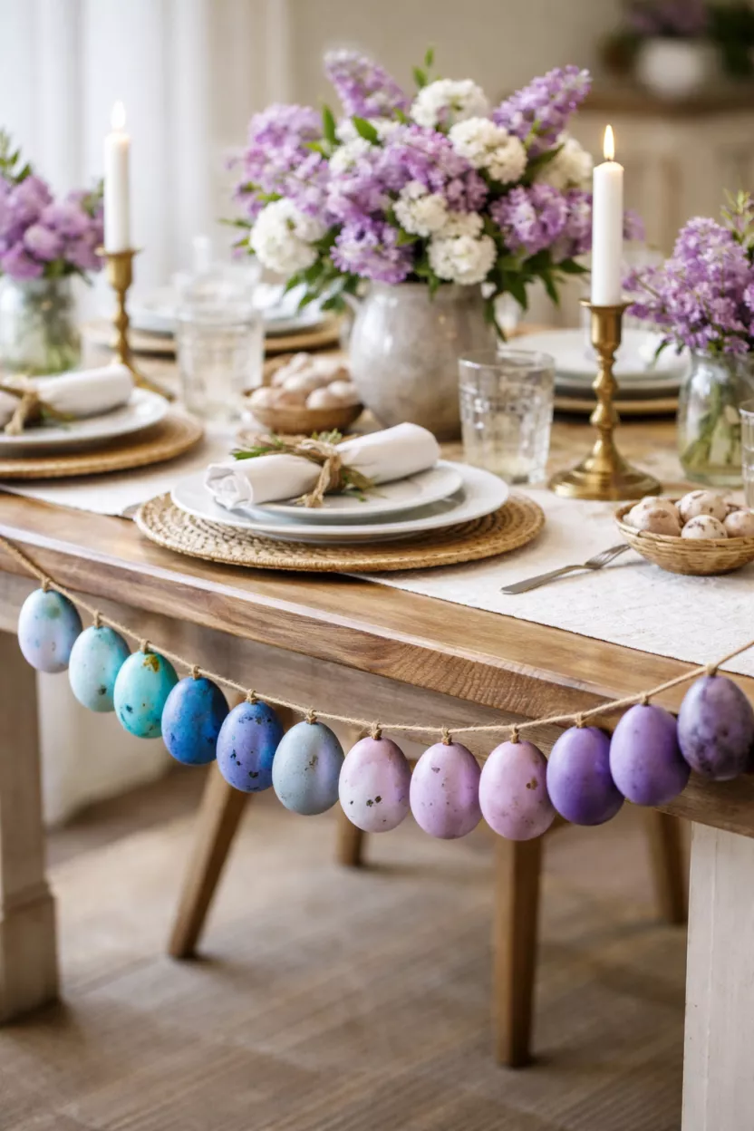 Dyed Egg Garland A realistic photo of a dining table with a garland of ombre blue and purple eggs strung on brown twine hanging just above the table surface.