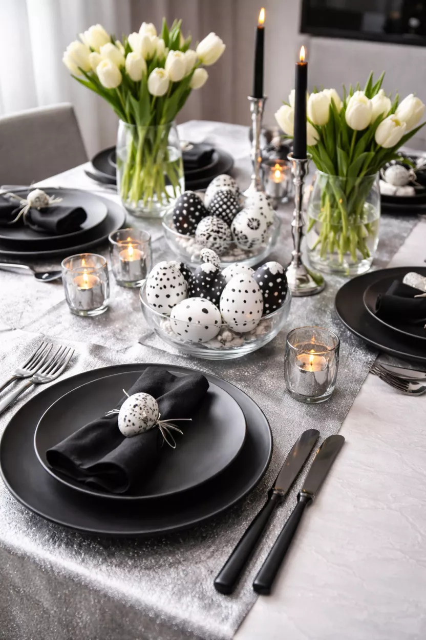 Modern Geometric Egg Designs A realistic photo of a dining table with black and white patterned eggs, sleek black plates, and a silver metallic runner.