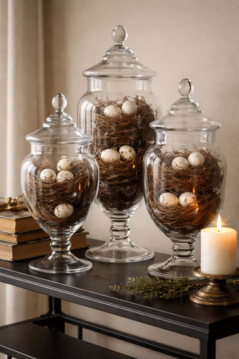 Glass Apothecary Jars With Nests A realistic photo of three glass apothecary jars of different heights filled with brown grapevine nests and small white speckled eggs, arranged on a black metal console table with a stack of old books and a candle nearby.