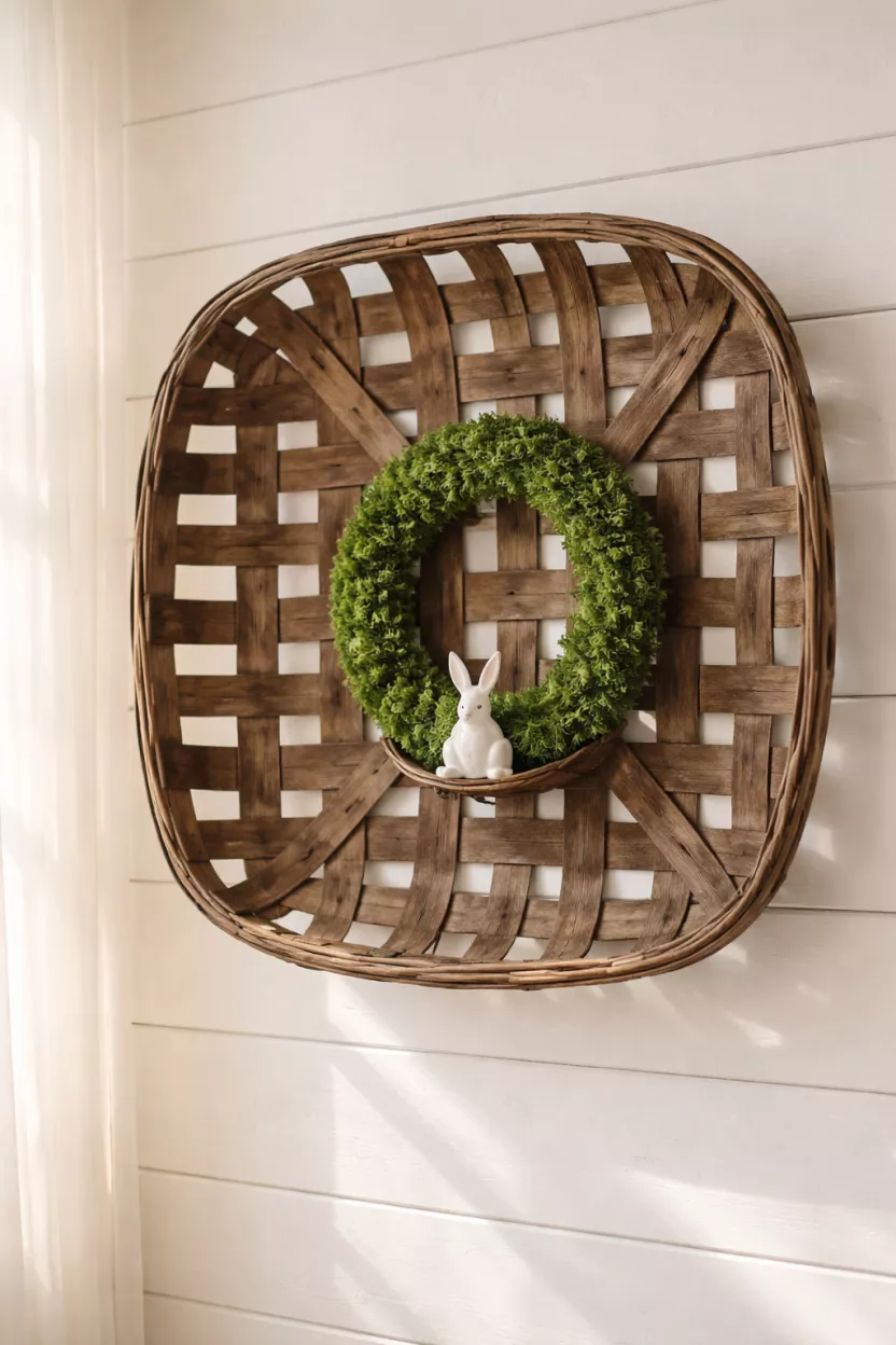 Weathered Wood Tobacco Baskets A realistic photo of a large vintage brown tobacco basket hanging on a white shiplap wall, featuring a small green moss wreath in the center with a single white ceramic bunny figurine perched on the bottom inner rim, soft natural sunlight streaming from a nearby window.