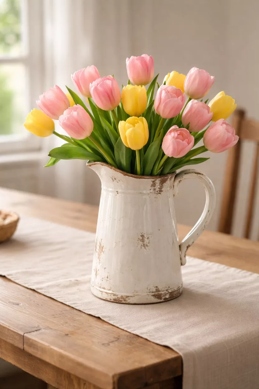 Distressed White Pitcher With Tulips A realistic photo of a tall distressed white ceramic pitcher filled with fresh pink and yellow tulips, sitting on a natural wood farmhouse table next to a beige linen runner, with soft morning light illuminating the delicate flower petals and the chipped paint texture.