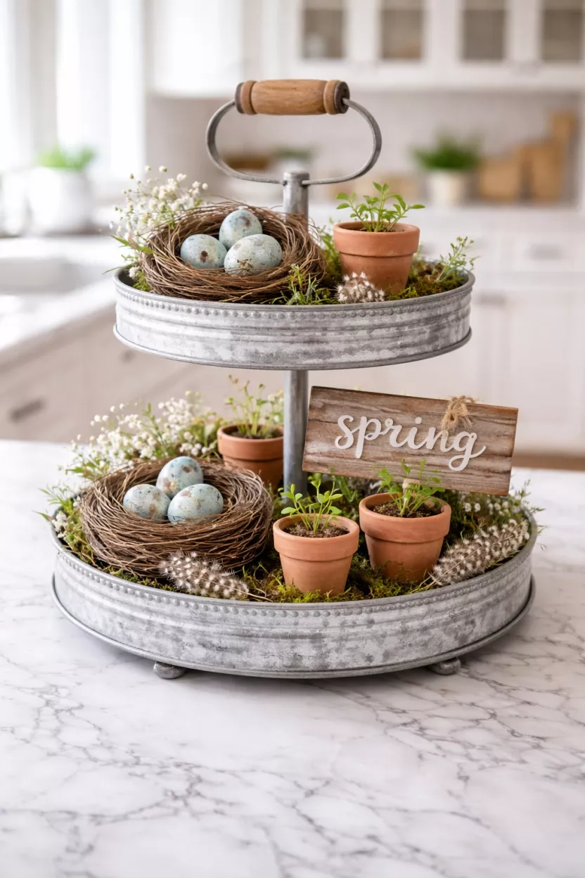 Galvanized Metal Tiered Trays A realistic photo of a two tiered galvanized metal tray decorated with small bird nests containing blue speckled eggs, miniature terracotta pots with sprouts, and a little wooden sign that says spring, placed on a white marble kitchen countertop with a blurred background.