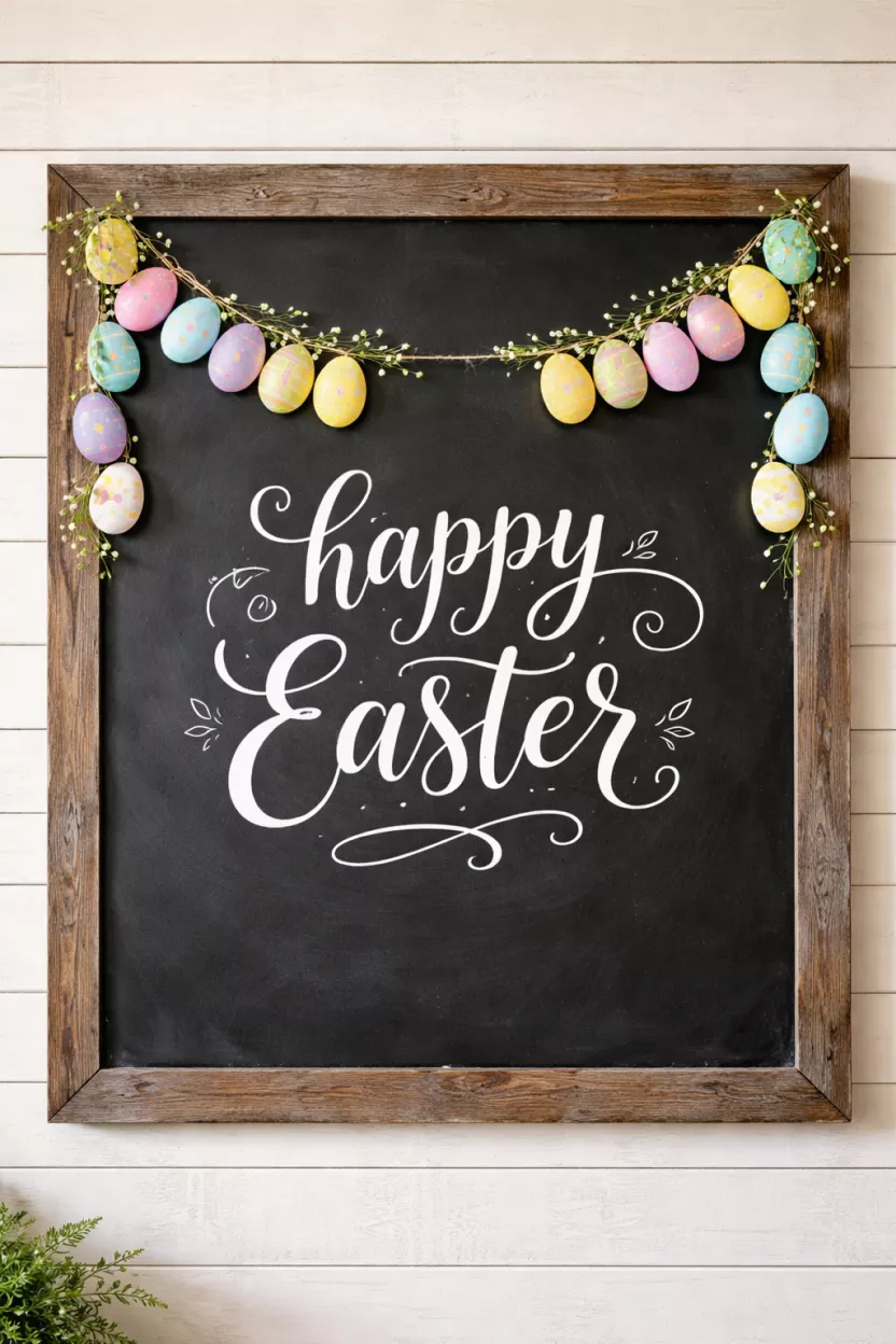 Chalkboard Spring Greetings A realistic photo of a large black chalkboard in a rustic wood frame with hand lettered white cursive text saying happy easter, decorated with a small garland of colorful paper eggs around the top corners.