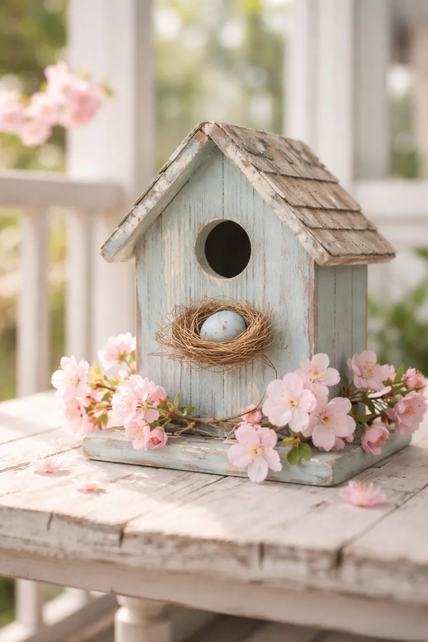 Birdhouses With Floral Accents A realistic photo of a small light blue wooden birdhouse with a distressed finish, featuring a tiny nest with a blue egg at the entrance and some pink cherry blossoms wrapped around the base, sitting on a porch table.