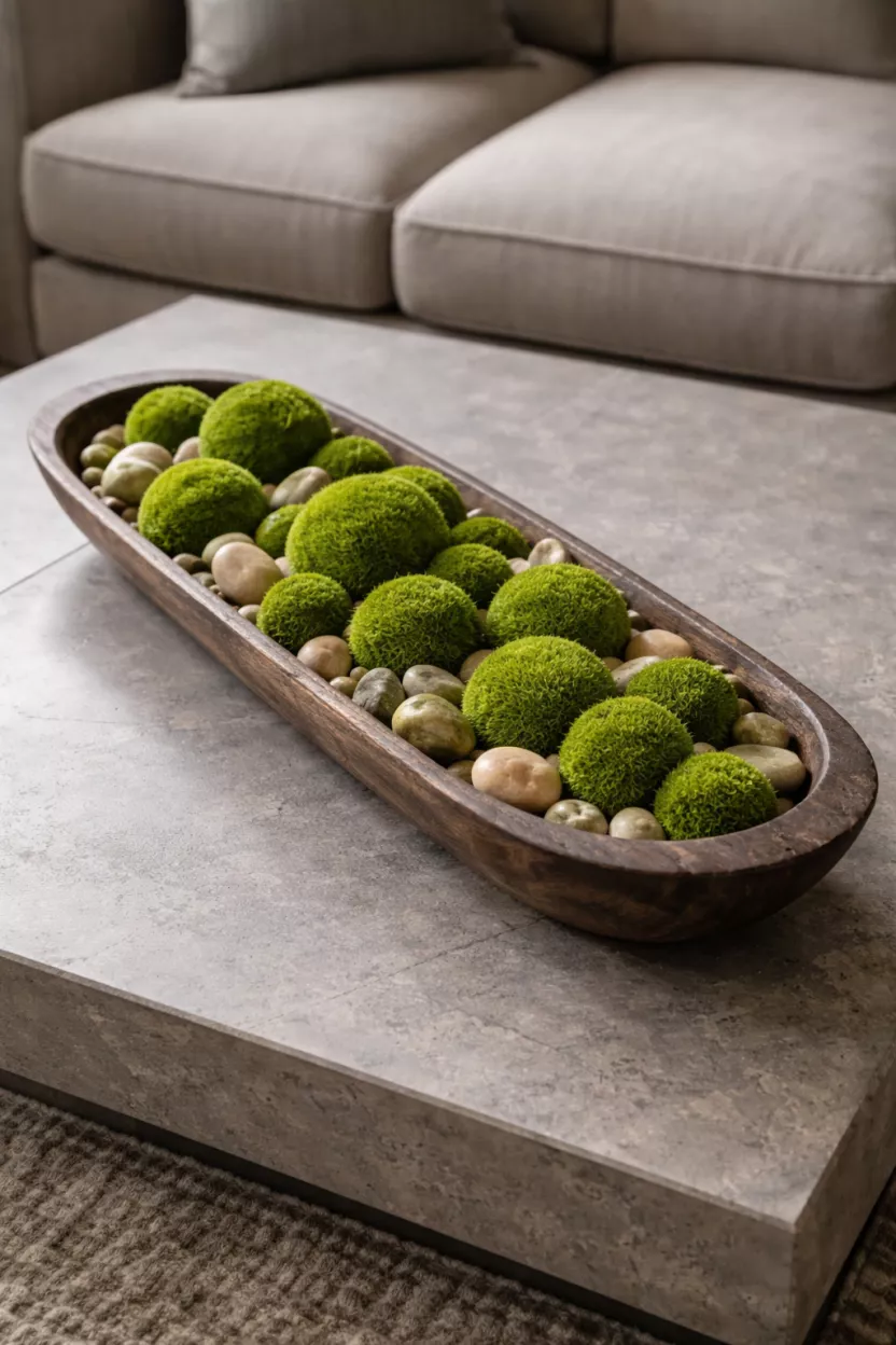 Wooden Dough Bowls With Decorative Moss Balls A realistic photo of a long dark wooden dough bowl filled with various sizes of fuzzy green moss balls and light brown river stones, centered on a gray stone coffee table.