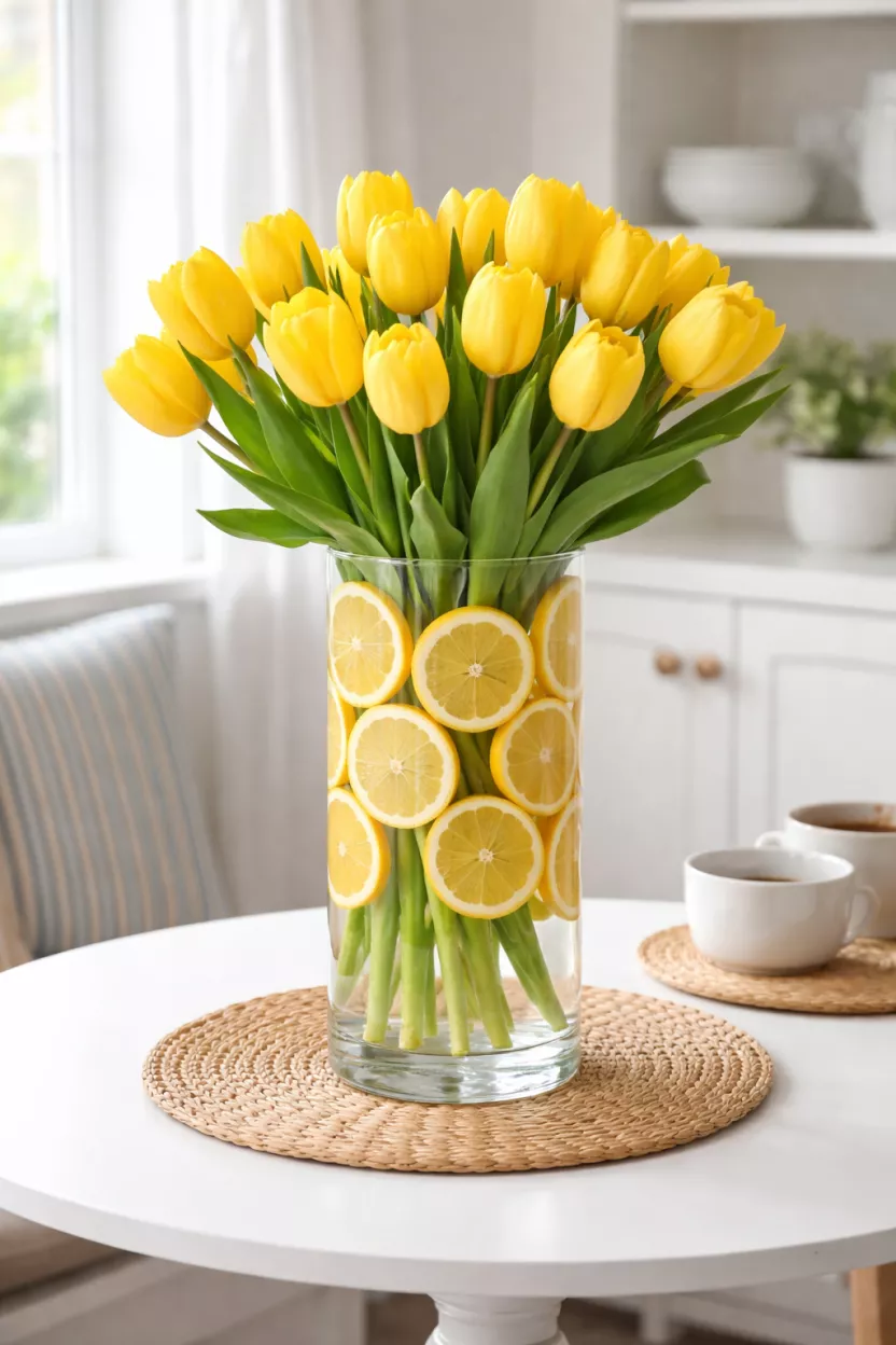 Clear Glass Vases With Sliced Lemons And Yellow Tulips A realistic photo of a tall cylindrical clear glass vase filled with water and circular bright yellow lemon slices lining the inside walls, holding a large bouquet of yellow tulips, sitting on a breakfast nook table.