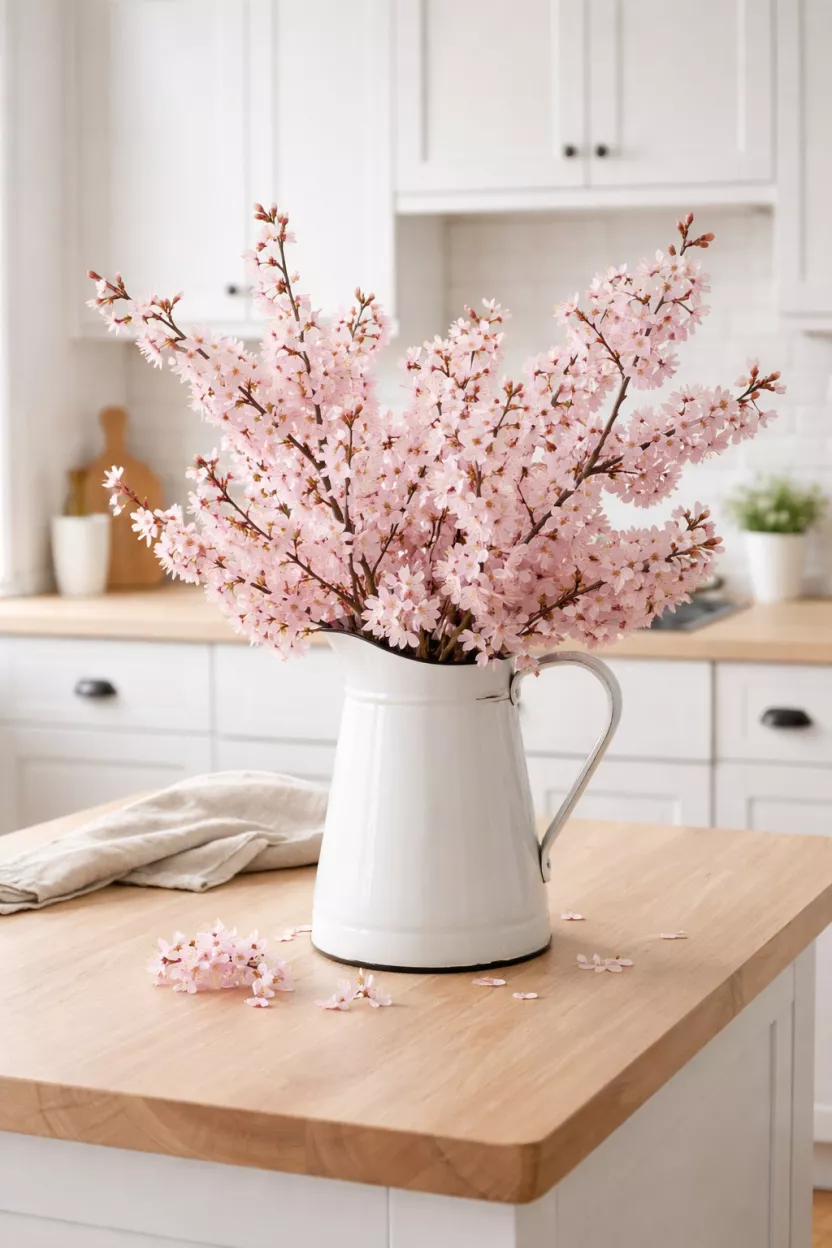 White Enamel Pitchers With Fresh Cherry Blossoms A realistic photo of a white enamel pitcher overflowing with pink cherry blossom branches, placed on a light wood kitchen island against a backdrop of clean white cabinets.