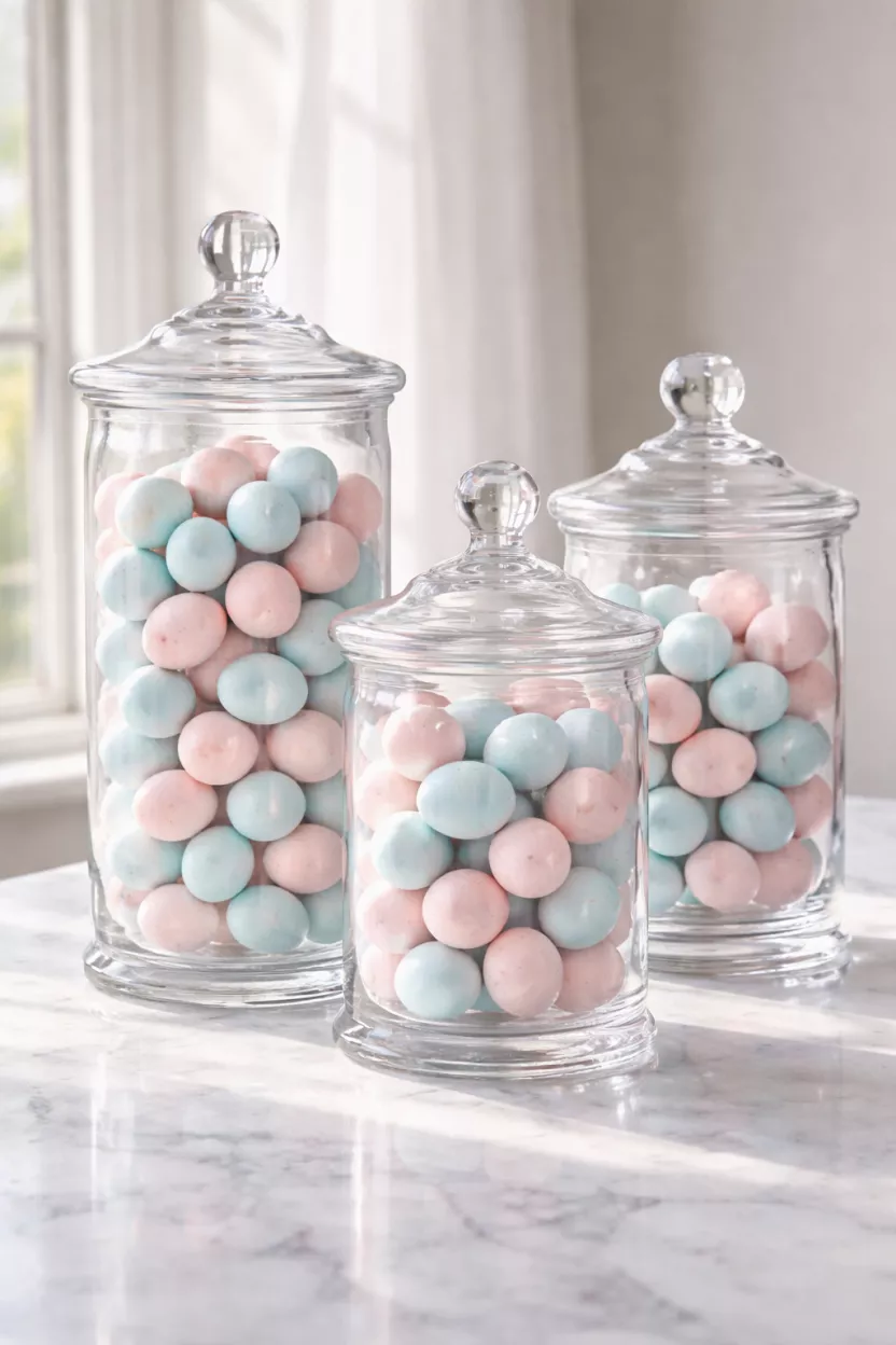 Glass Apothecary Jars With Pastel Malted Milk Eggs A realistic photo of three varying heights of clear glass apothecary jars filled with light blue and soft pink pastel malted milk eggs, sitting on a white marble countertop with soft sunlight streaming through a nearby window, creating gentle reflections on the smooth glass surfaces.