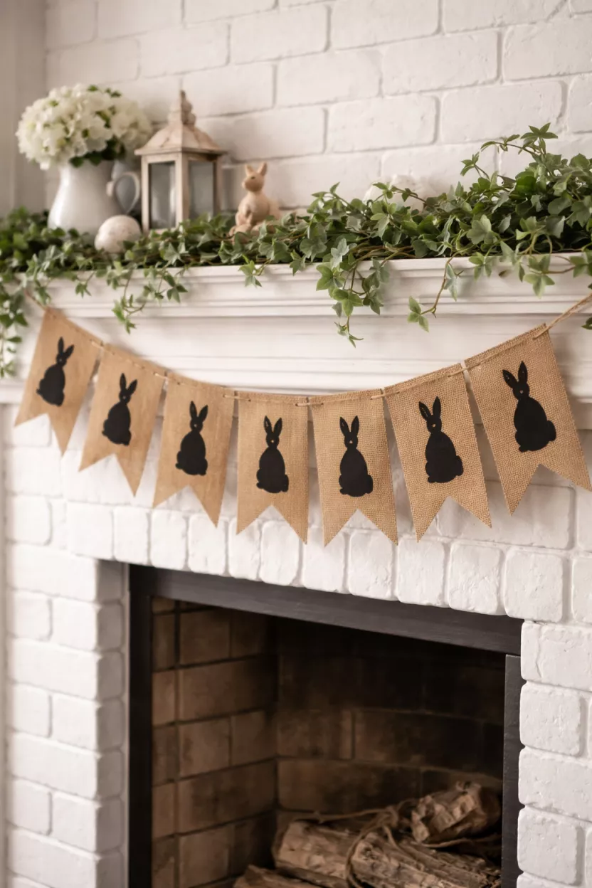 Natural Burlap Banners With Minimalist Bunny Silhouettes A realistic photo of a brown natural burlap banner with simple black bunny silhouettes printed on each flag, hanging across a white painted brick fireplace mantel decorated with green ivy.