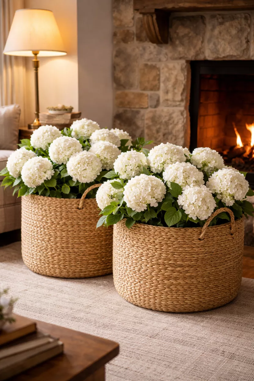 Woven Seagrass Baskets Filled With White Hydrangeas A realistic photo of two large tan woven seagrass baskets placed on the floor by a fireplace, overflowing with fluffy white hydrangeas and green leaves, under the soft glow of a floor lamp.