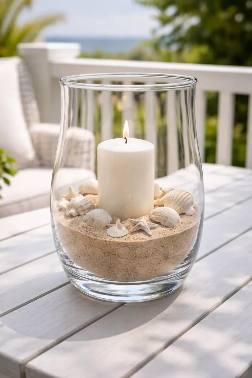 Glass Hurricane Lamps With Sand And Seashells A realistic photo of a large glass hurricane lamp half filled with tan sand and scattered white seashells, holding a white pillar candle, placed on a white wooden outdoor patio table.