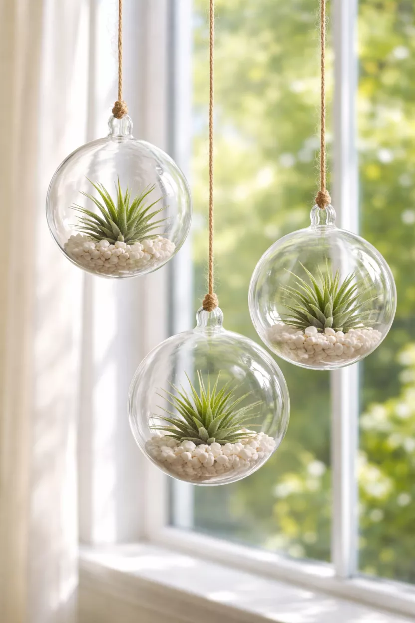 Hanging Glass Orbs With Air Plants A realistic photo of three clear glass hanging orbs suspended at different heights in front of a sunny window, each containing a small green air plant and a few tiny white pebbles.