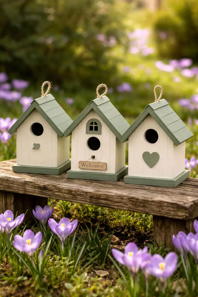 Small Birdhouses Painted In Cream And Sage A realistic photo of three small wooden birdhouses painted in matte cream and sage green, sitting on a weathered wooden bench in a garden surrounded by purple crocuses.