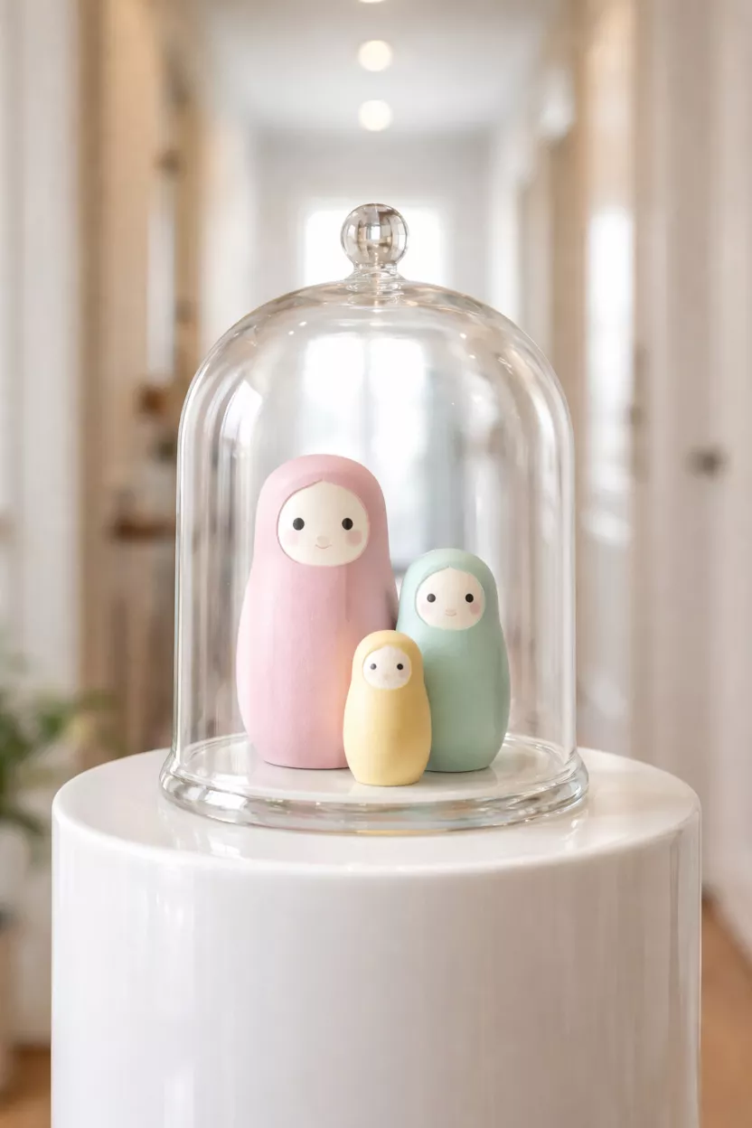 Cloche Displays With Vintage Nesting Dolls A realistic photo of a clear glass cloche over a set of three pastel colored wooden nesting dolls, sitting on a glossy white pedestal in a well lit hallway.