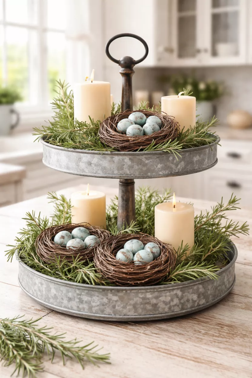 Tiered Trays With Miniature Bird Nests A realistic photo of a two tiered galvanized metal tray featuring small brown grapevine bird nests with tiny speckled blue eggs, sprigs of fresh rosemary, and cream colored candles, set in a bright cottage kitchen.