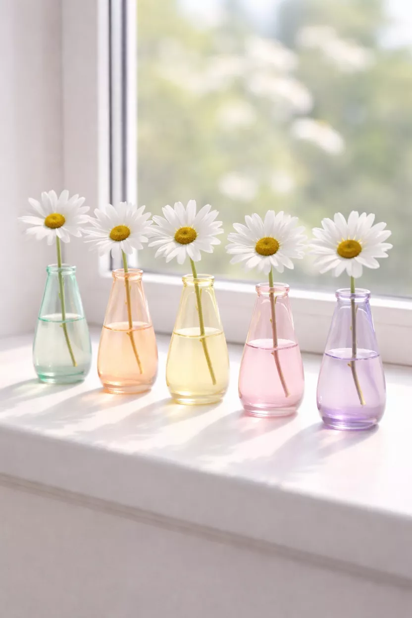 Pastel Colored Tapered Glass Bud Vases A realistic photo of a row of five small tapered glass bud vases in various pastel colors like mint, peach, and lavender, each holding a single white daisy, on a bright white windowsill.