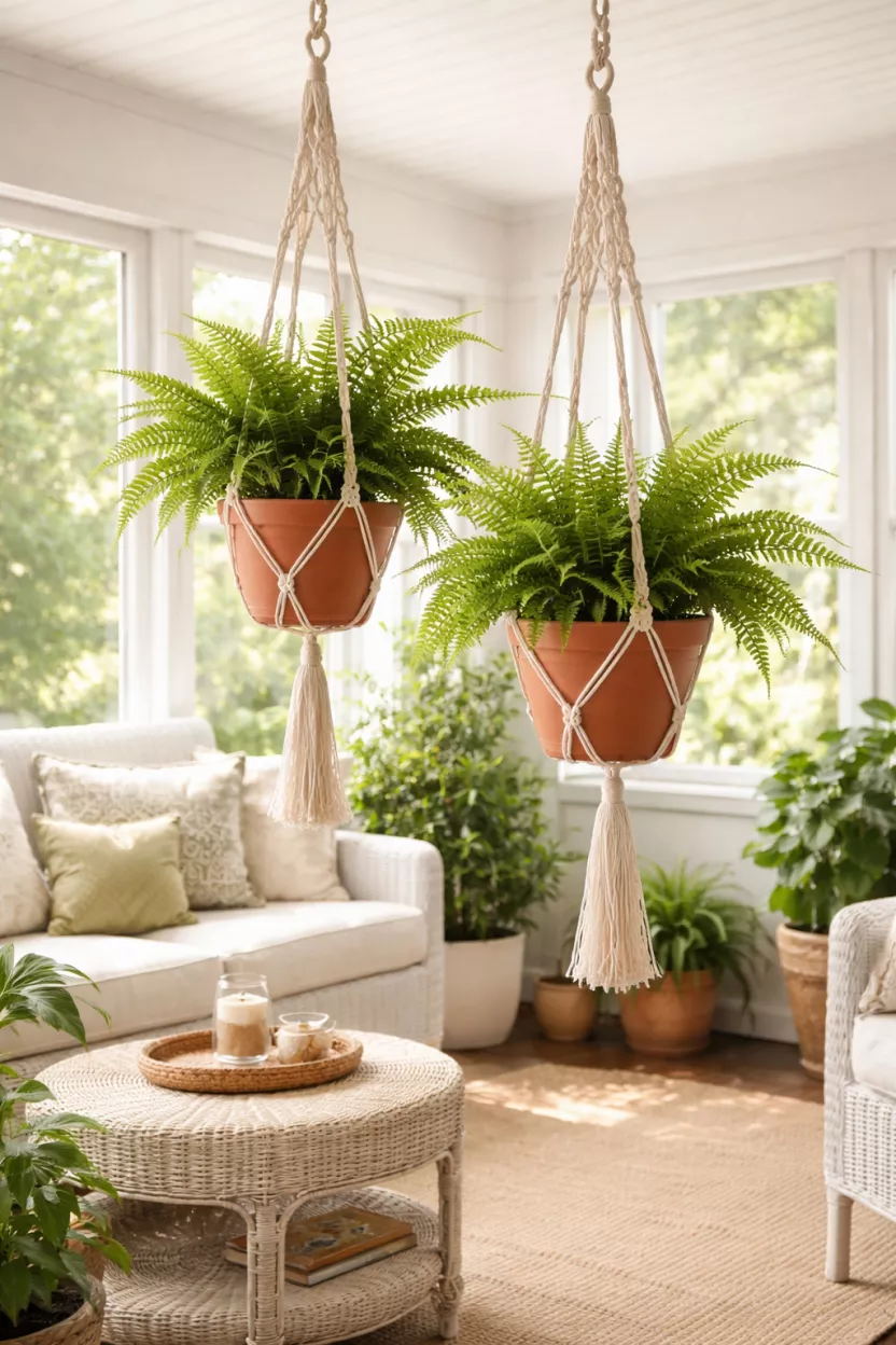 Woven Macrame Plant Hangers With Ferns A realistic photo of two white cotton macrame plant hangers holding lush green ferns in terracotta pots, hanging from the ceiling in a bright sunroom with white wicker furniture.