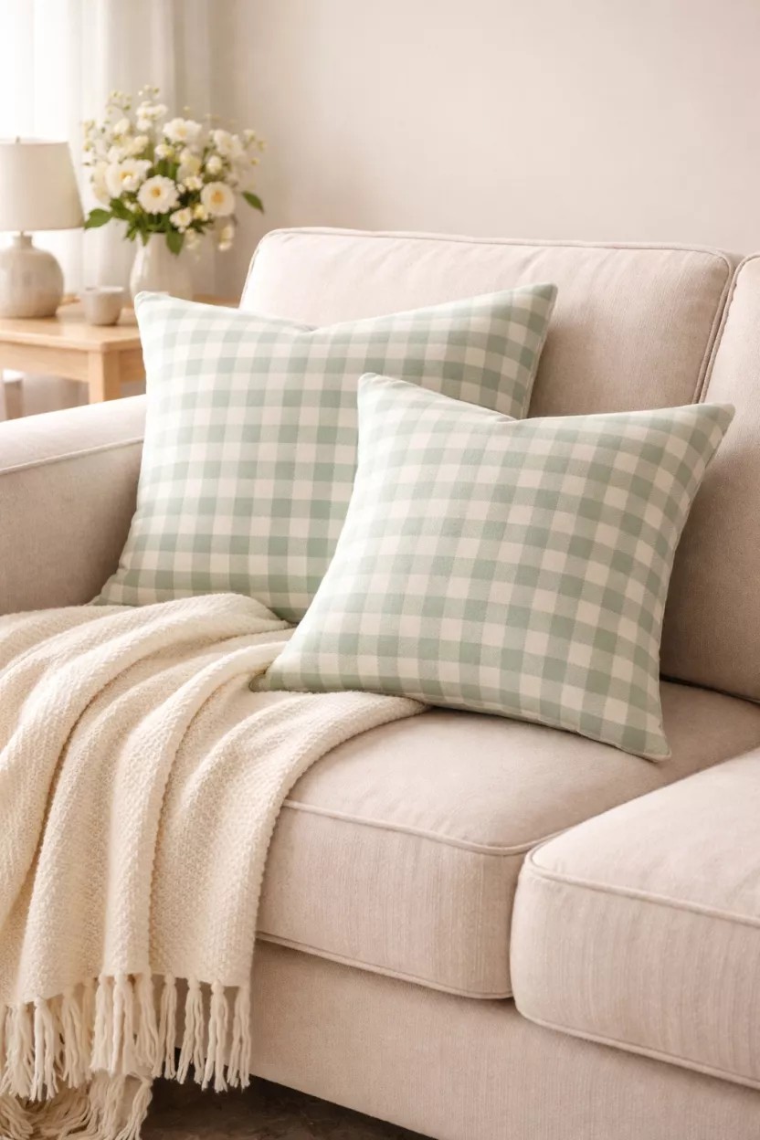 Pastel Gingham Throw Pillows On Neutral Sofas A realistic photo of light green and white gingham check throw pillows arranged on a beige upholstered sofa, with a soft cream knit throw blanket draped over the armrest.
