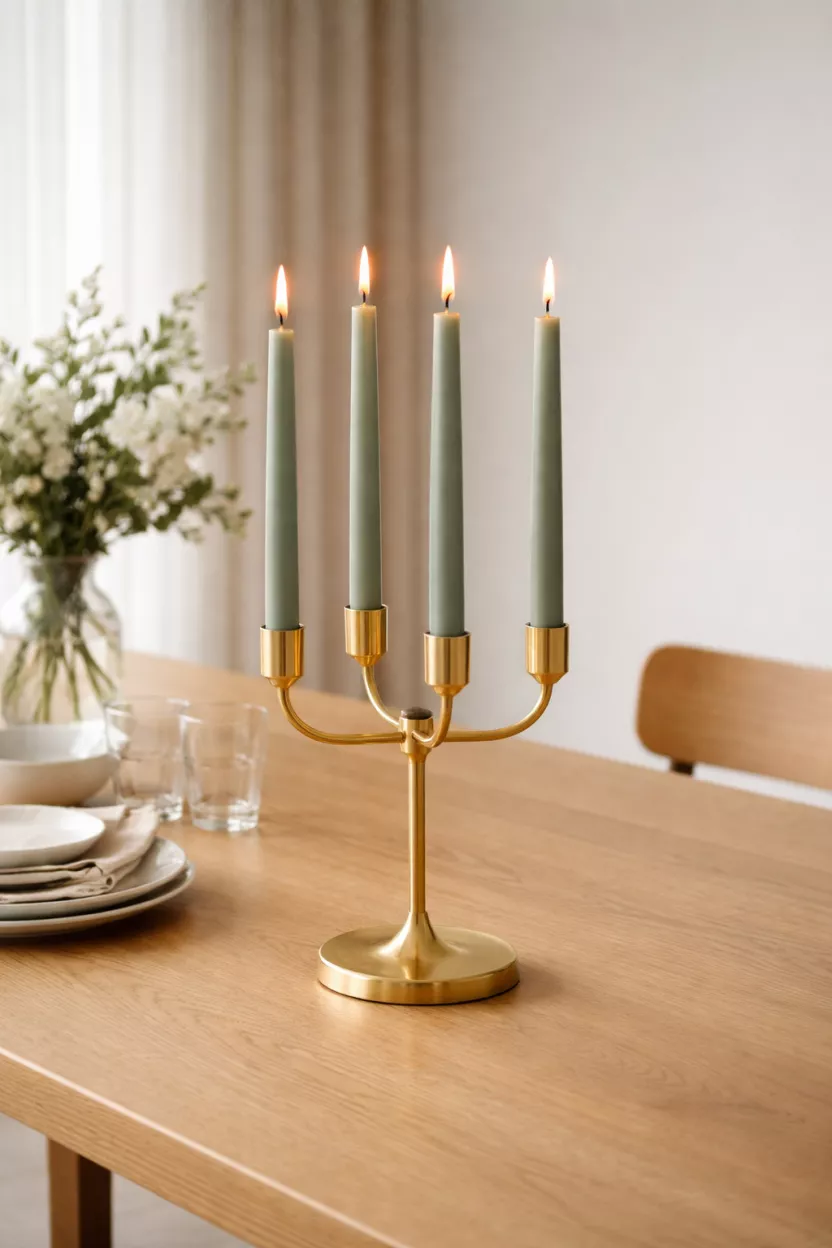 Modern Brass Candelabras With Tapered Sage Candles A realistic photo of a sleek gold brass candelabra holding four tall sage green tapered candles, positioned in the center of a minimalist oak dining table during the daytime.