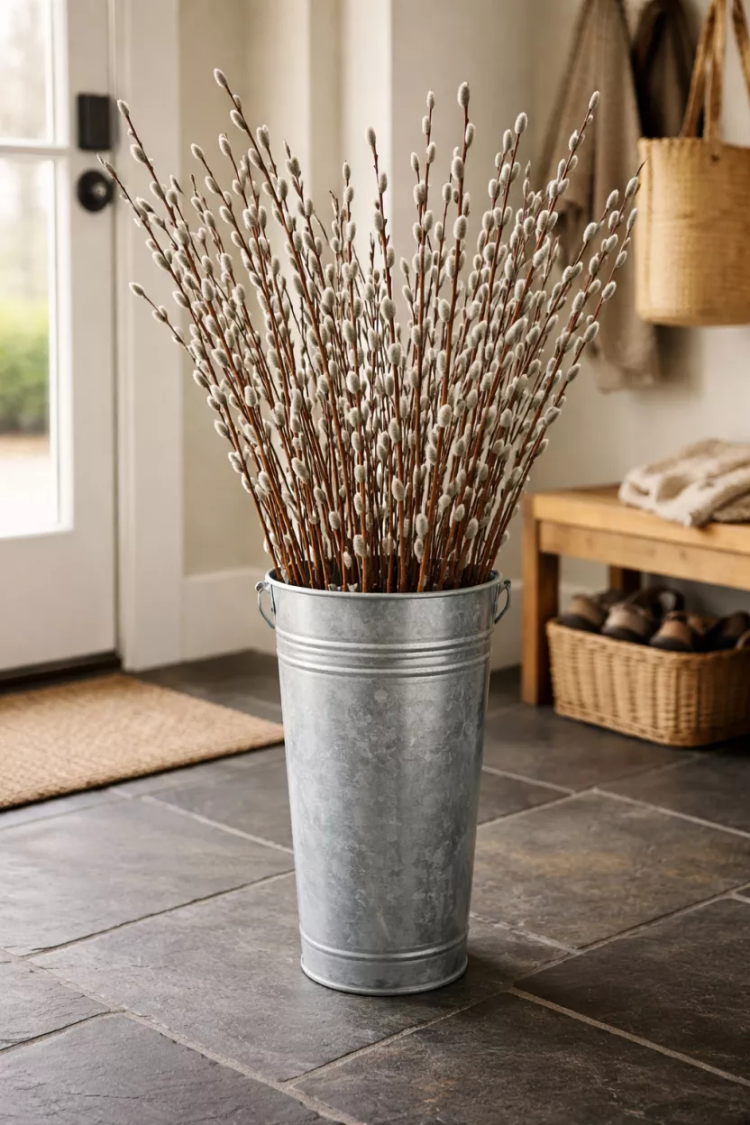 Galvanized Buckets Filled With Pussy Willows A realistic photo of a tall silver galvanized metal bucket filled with long pussy willow branches featuring soft gray fuzzy catkins, standing on a dark slate floor in an entryway.