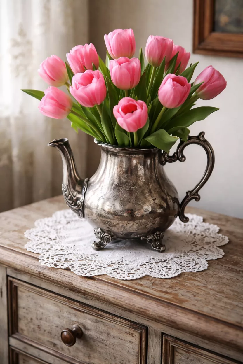 Vintage Silver Teapots Used As Flower Vases A realistic photo of an antique tarnished silver teapot used as a vase for a bunch of bright pink tulips, standing on a white lace doily on top of a weathered wood sideboard.