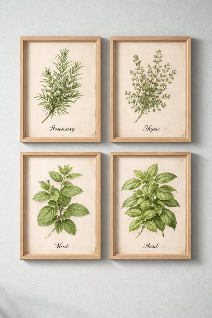 Framed Botanical Prints Of Spring Herbs A realistic photo of a collection of four light wood frames containing vintage style botanical prints of green herbs like rosemary and mint, hung in a grid on a pale blue wall.
