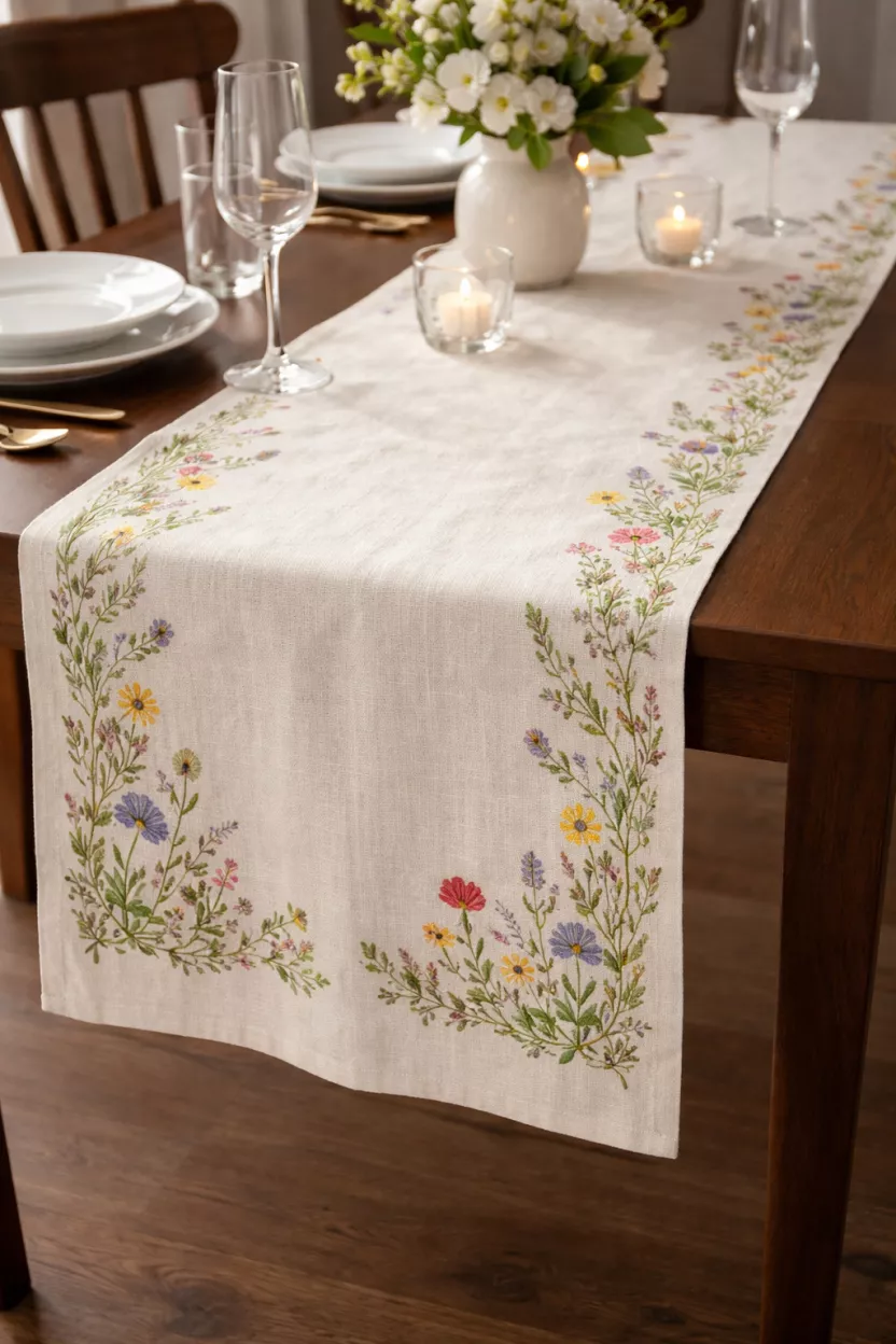 Linen Table Runners With Embroidered Wildflowers A realistic photo of a cream colored linen table runner featuring delicate colorful embroidered wildflowers along the edges, draped over a dark walnut dining table set with clear glassware and white ceramic plates.