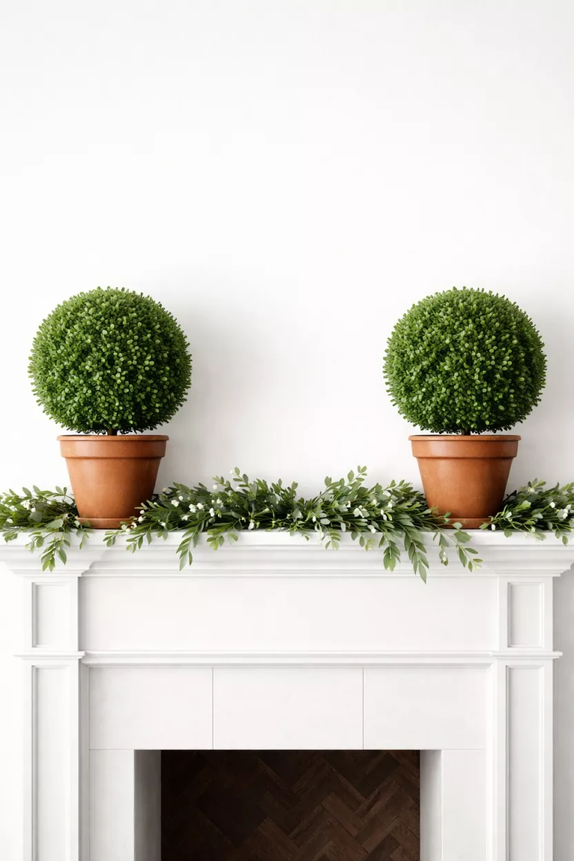 Rustic Boxwood Topiaries In Terracotta Pots A realistic photo of a pair of round green boxwood topiaries in orange terracotta pots, placed symmetrically on a white fireplace mantel decorated with a simple green garland.