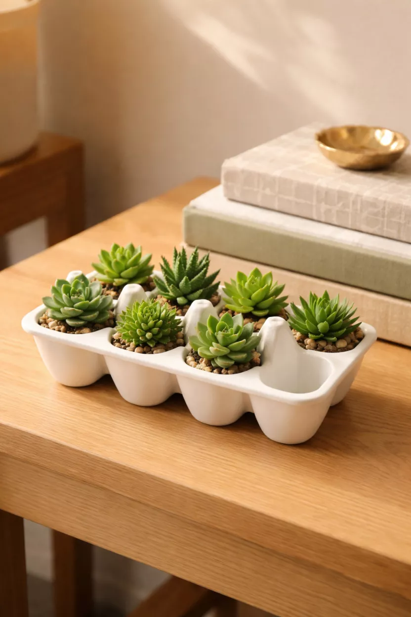 Ceramic Egg Crates Filled With Succulents A realistic photo of a white ceramic egg crate holding six small green succulent plants instead of eggs, sitting on a light oak side table next to a stack of decorative books, under warm indoor lighting.