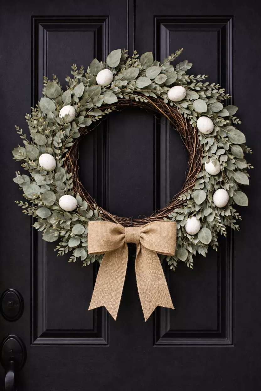 Natural Grapevine Wreaths With Dried Eucalyptus A realistic photo of a dark brown natural grapevine wreath adorned with silvery green dried eucalyptus leaves and small white wooden eggs, hanging on a matte black front door, featuring a simple burlap bow at the very bottom.