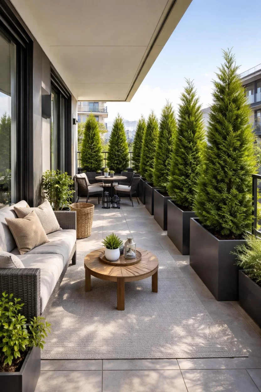 A realistic photo of an apartment balcony with a row of tall green cedar trees in dark grey rectangular planters lining the railing.