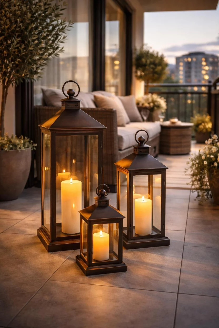 A realistic photo of an apartment balcony with three bronze metal lanterns of varying sizes sitting on the floor with flickering warm white LED candles inside.