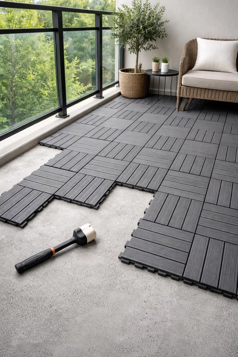 A realistic photo of an apartment balcony with grey interlocking wood composite deck tiles partially installed over a concrete floor with a small rubber mallet lying nearby.