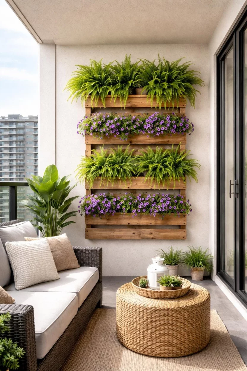 A realistic photo of an apartment balcony featuring a vertical wooden pallet planter mounted on the wall filled with lush green ferns and purple petunias.