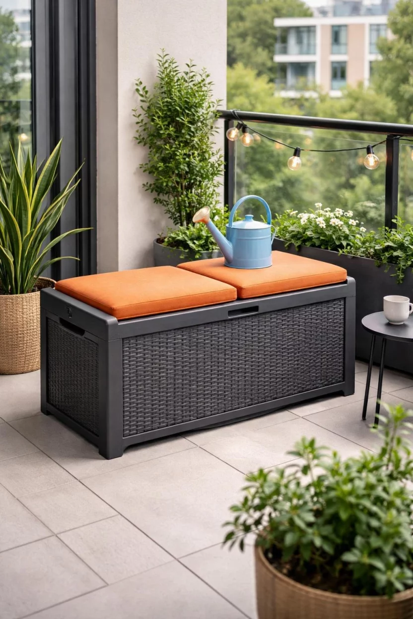 A realistic photo of an apartment balcony featuring a dark grey plastic storage bench with orange cushions and a small blue watering can sitting on top.