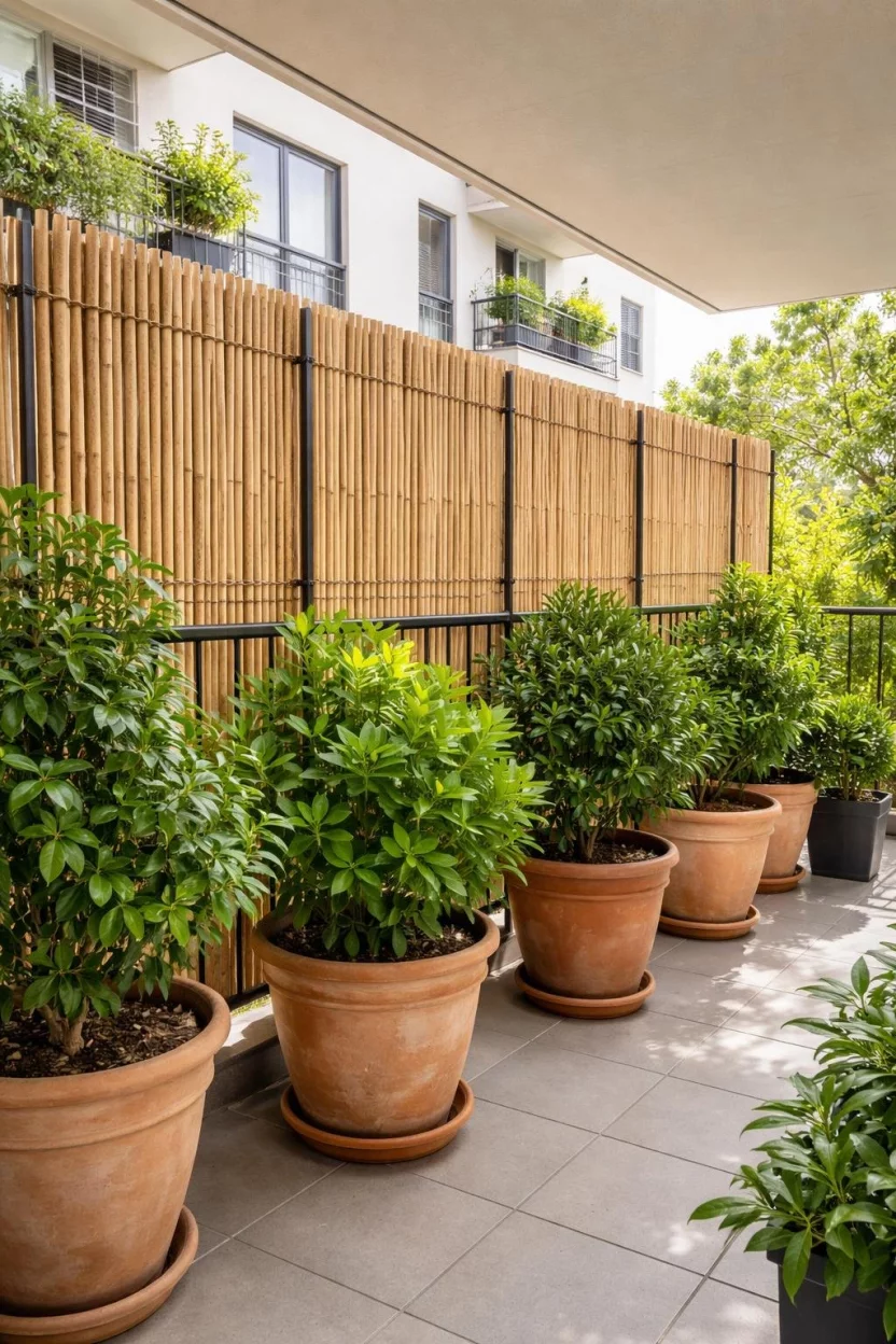 A realistic photo of an apartment balcony with tall natural bamboo screens tied to the railing and several large terra cotta pots with green leafy shrubs in front.