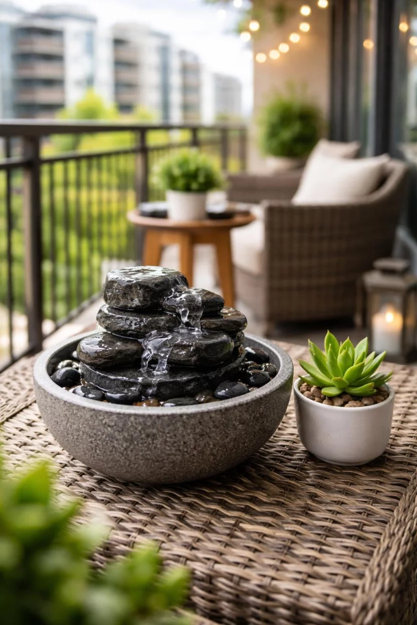 A realistic photo of an apartment balcony featuring a small stone tabletop fountain with water flowing over smooth black river rocks and a small green succulent plant nearby.