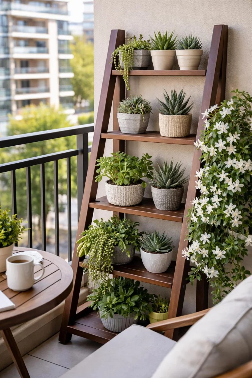 A realistic photo of an apartment balcony with a dark brown wooden ladder shelf holding several small pots of green succulents and white flowering jasmine.