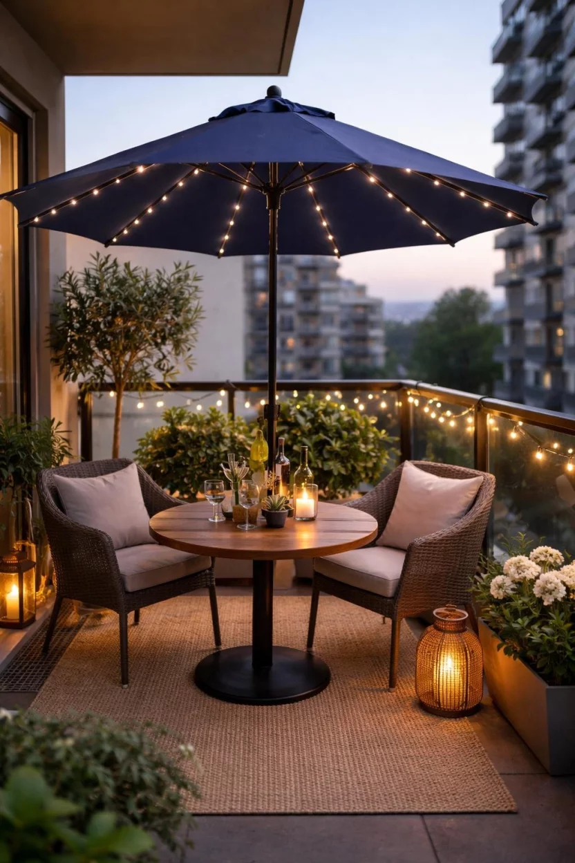 A realistic photo of an apartment balcony with a small navy blue patio umbrella featuring tiny white LED lights on the ribs over a circular wooden table.
