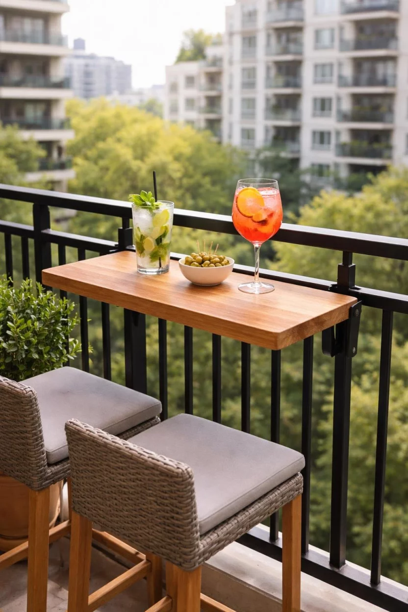 A realistic photo of an apartment balcony showing a wooden bar table that clips onto the black metal railing with two glass cocktails and a bowl of green olives on top.