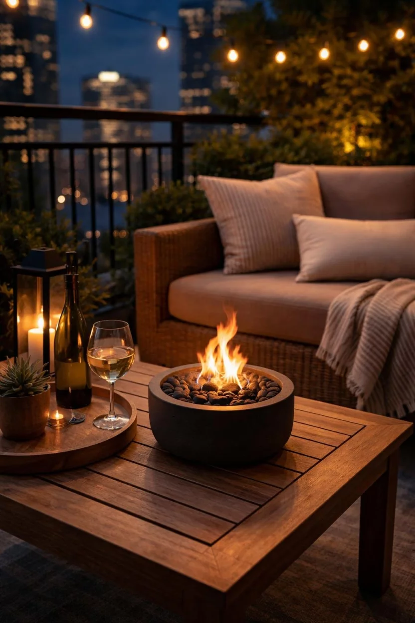 A realistic photo of an apartment balcony with a small black concrete tabletop fire bowl burning with a soft flame on a wooden coffee table at night.