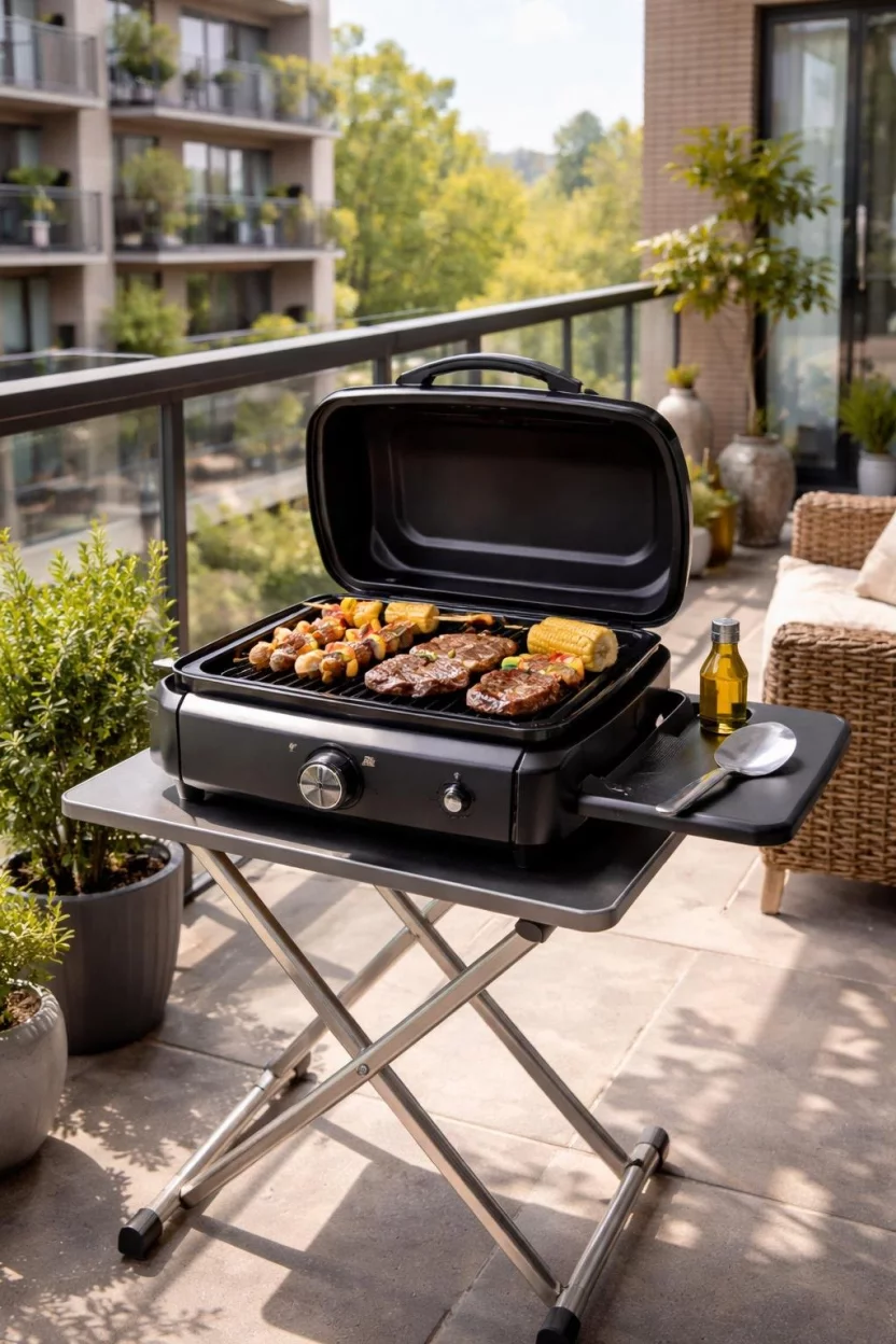 A realistic photo of an apartment balcony with a compact black electric grill sitting on a small metal table with a stainless steel spatula resting on the grill side shelf.