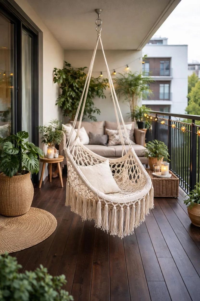 A realistic photo of an apartment balcony with a cream colored macrame hammock chair hanging from a sturdy ceiling hook over a dark wood floor.