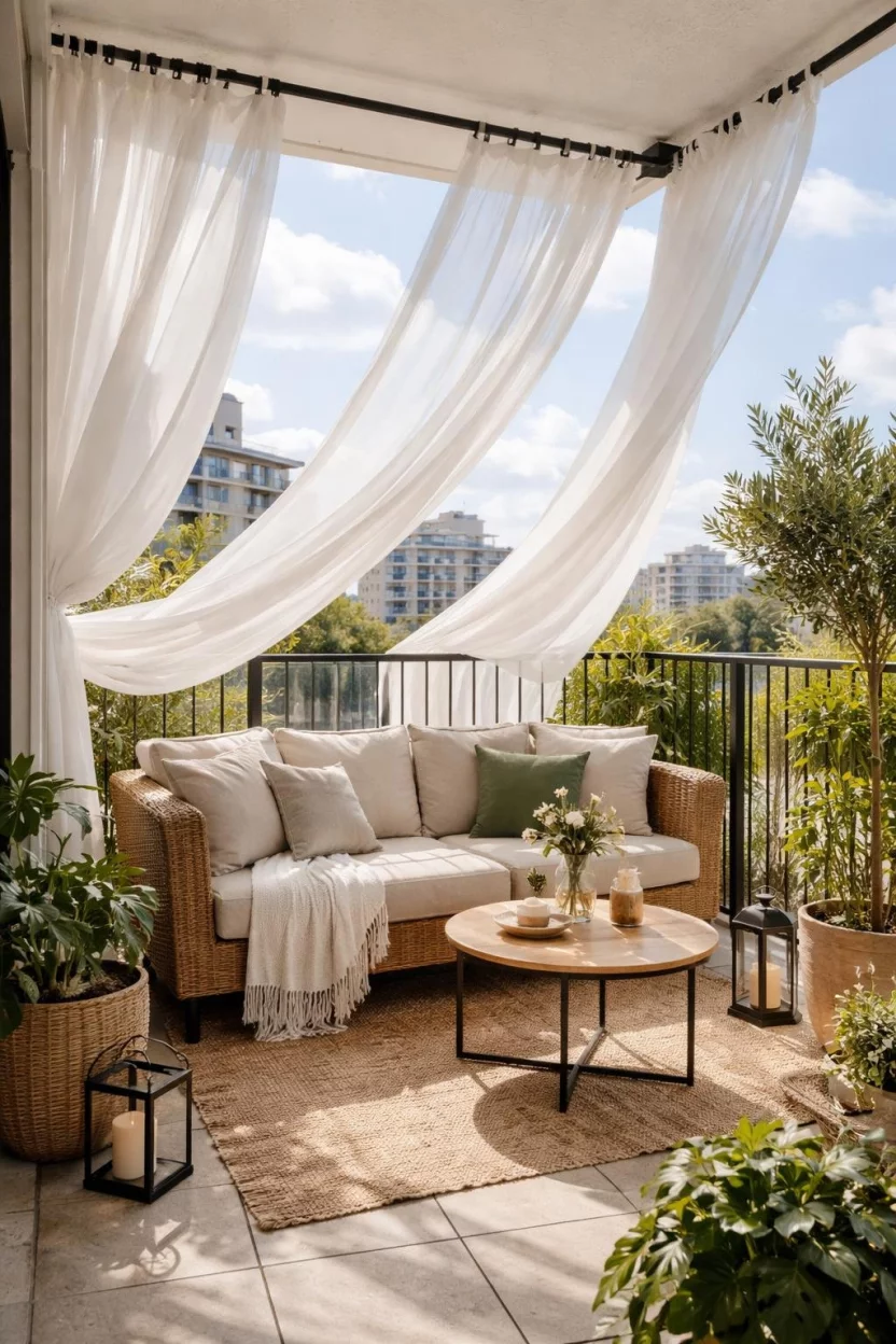 A realistic photo of an apartment balcony with sheer white outdoor curtains blowing in the wind held by black metal rods over a small wicker sofa.