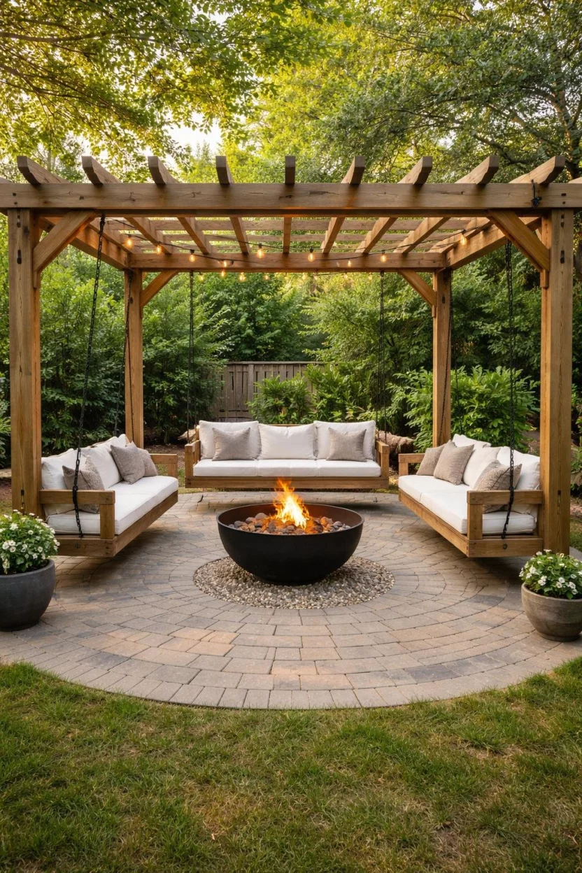 A realistic photo of a patio with a central black metal fire pit surrounded by four wooden porch swings hanging from a custom pergola frame, accented with white cushions.