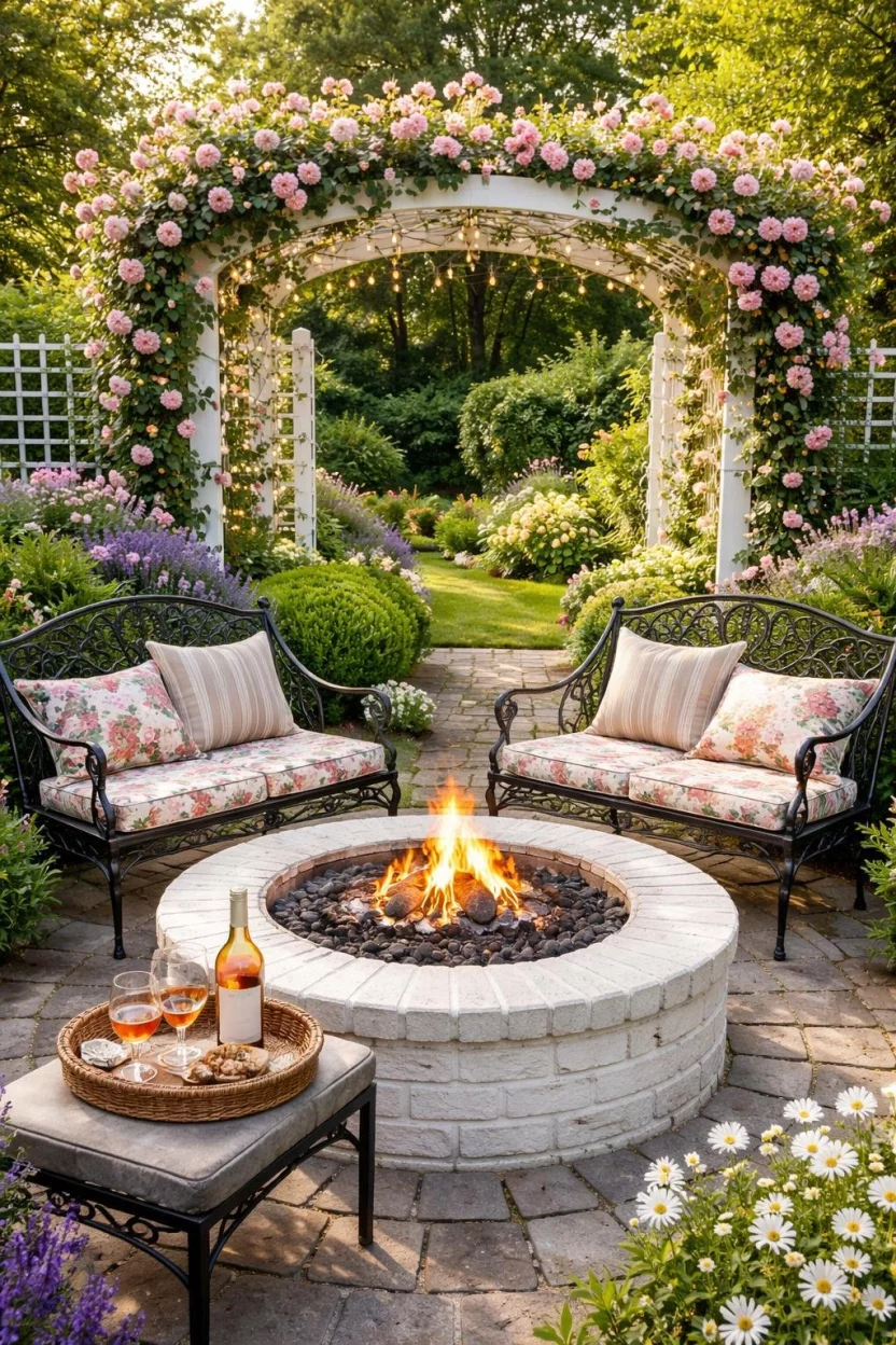 A realistic photo of a garden with a white brick fire pit, wrought iron garden benches with floral cushions, and climbing pink roses on a white trellis.